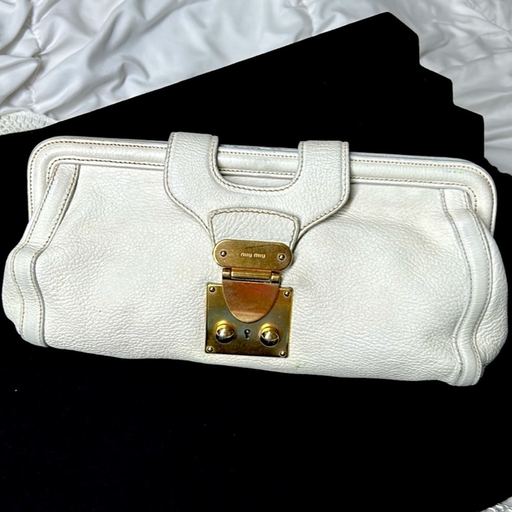 Miu Miu White and Gold Clutch with Structured Frame